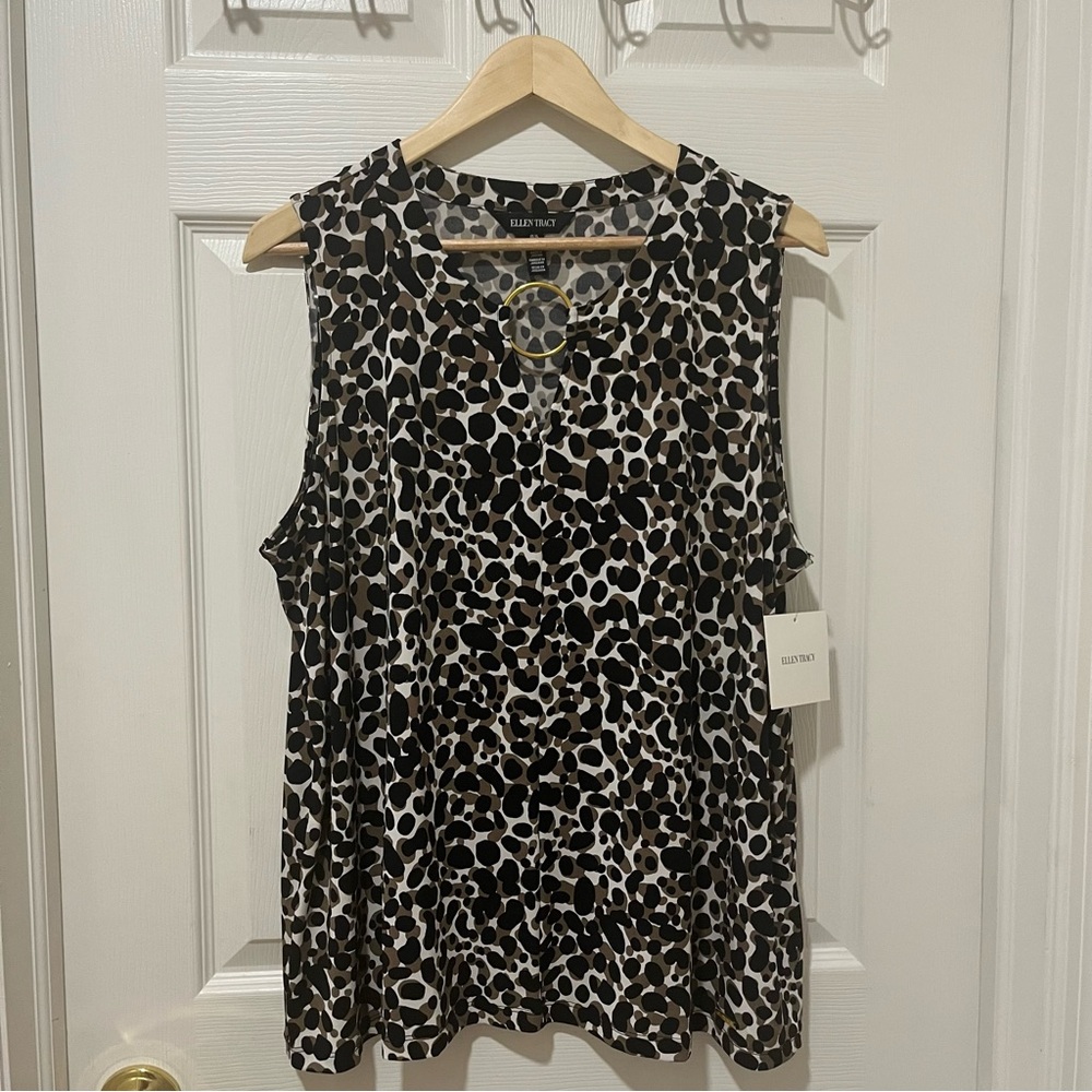 Ellen Tracy XL Sleeveless‎ Blouse Layered Pebble Print Gold Ring Detail NWT